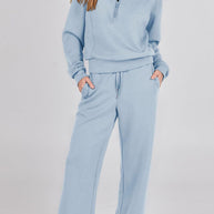 WW | Langes Hosen-Set mit weitem Bein und Revers-Reißverschluss-Sweatshirt