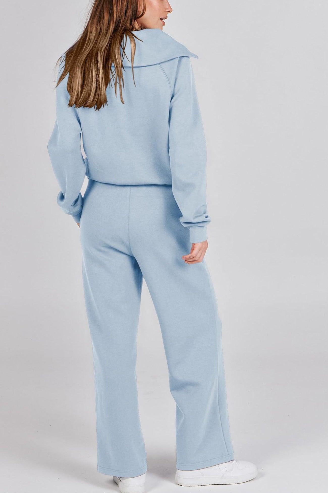 WW | Langes Hosen-Set mit weitem Bein und Revers-Reißverschluss-Sweatshirt
