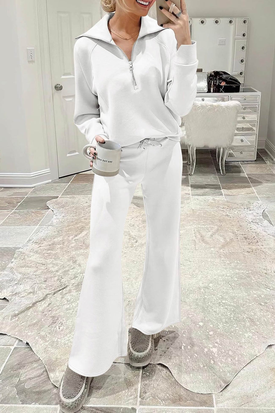 WW | Langes Hosen-Set mit weitem Bein und Revers-Reißverschluss-Sweatshirt