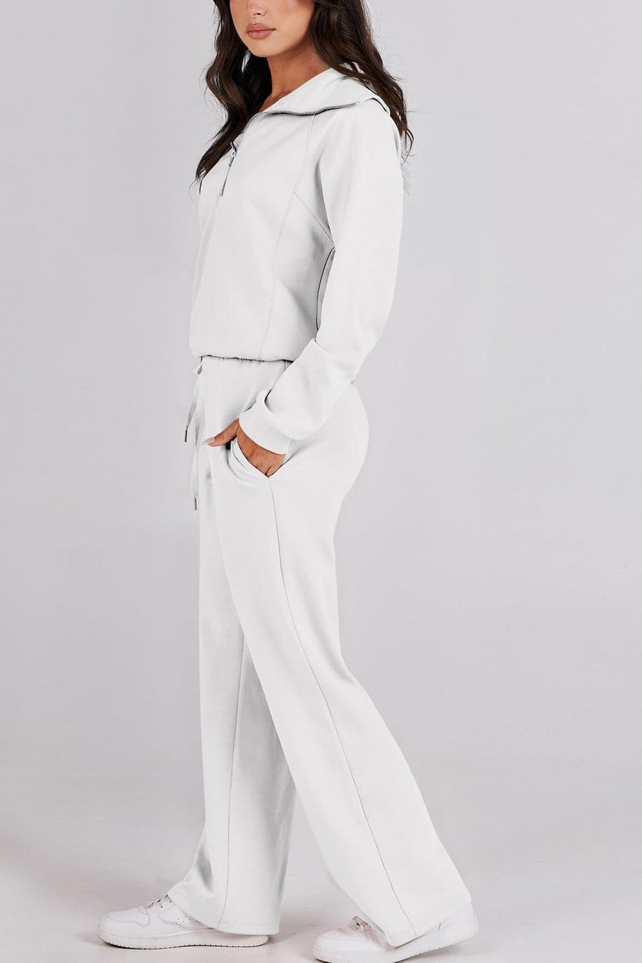 WW | Langes Hosen-Set mit weitem Bein und Revers-Reißverschluss-Sweatshirt