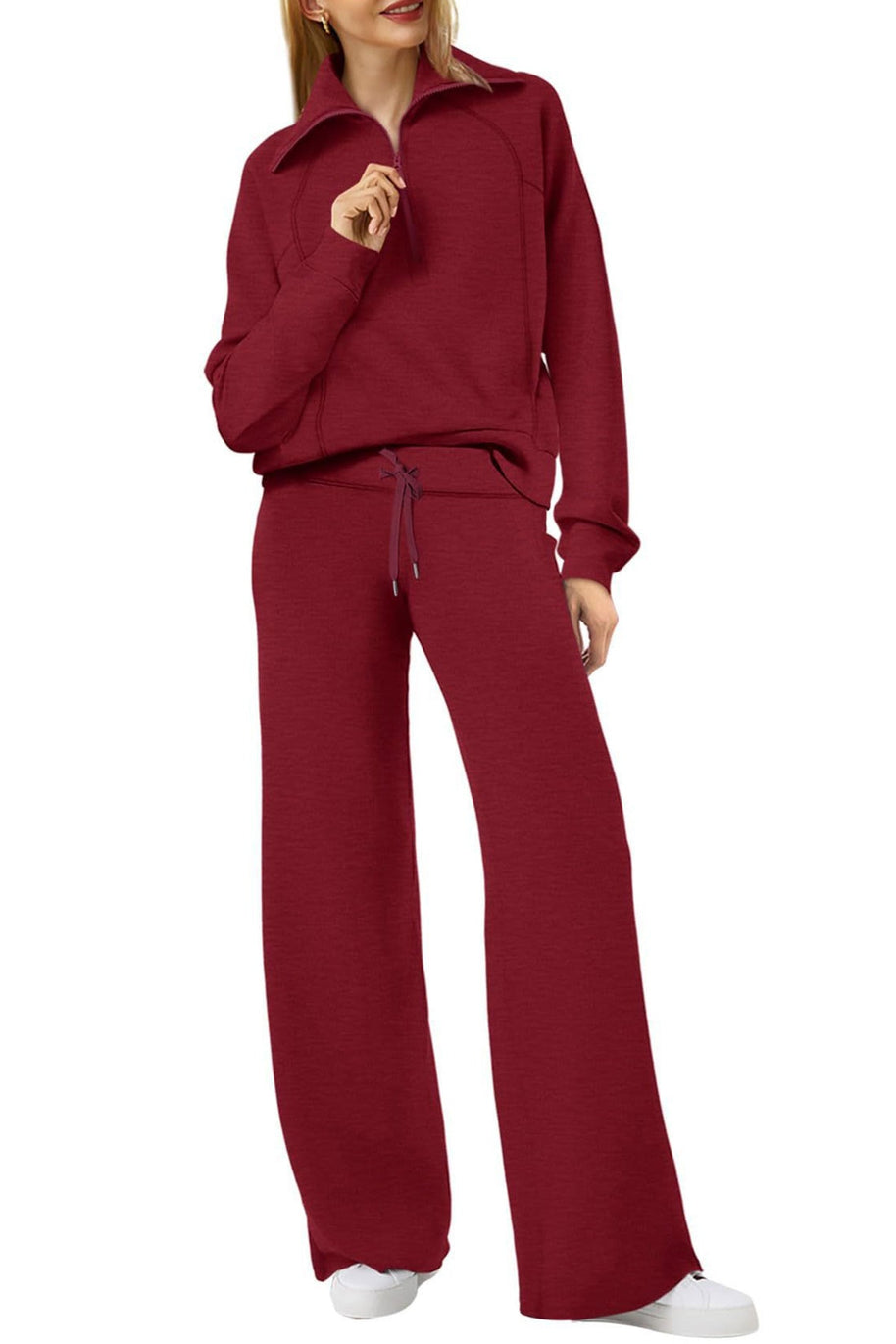 WW | Langes Hosen-Set mit weitem Bein und Revers-Reißverschluss-Sweatshirt