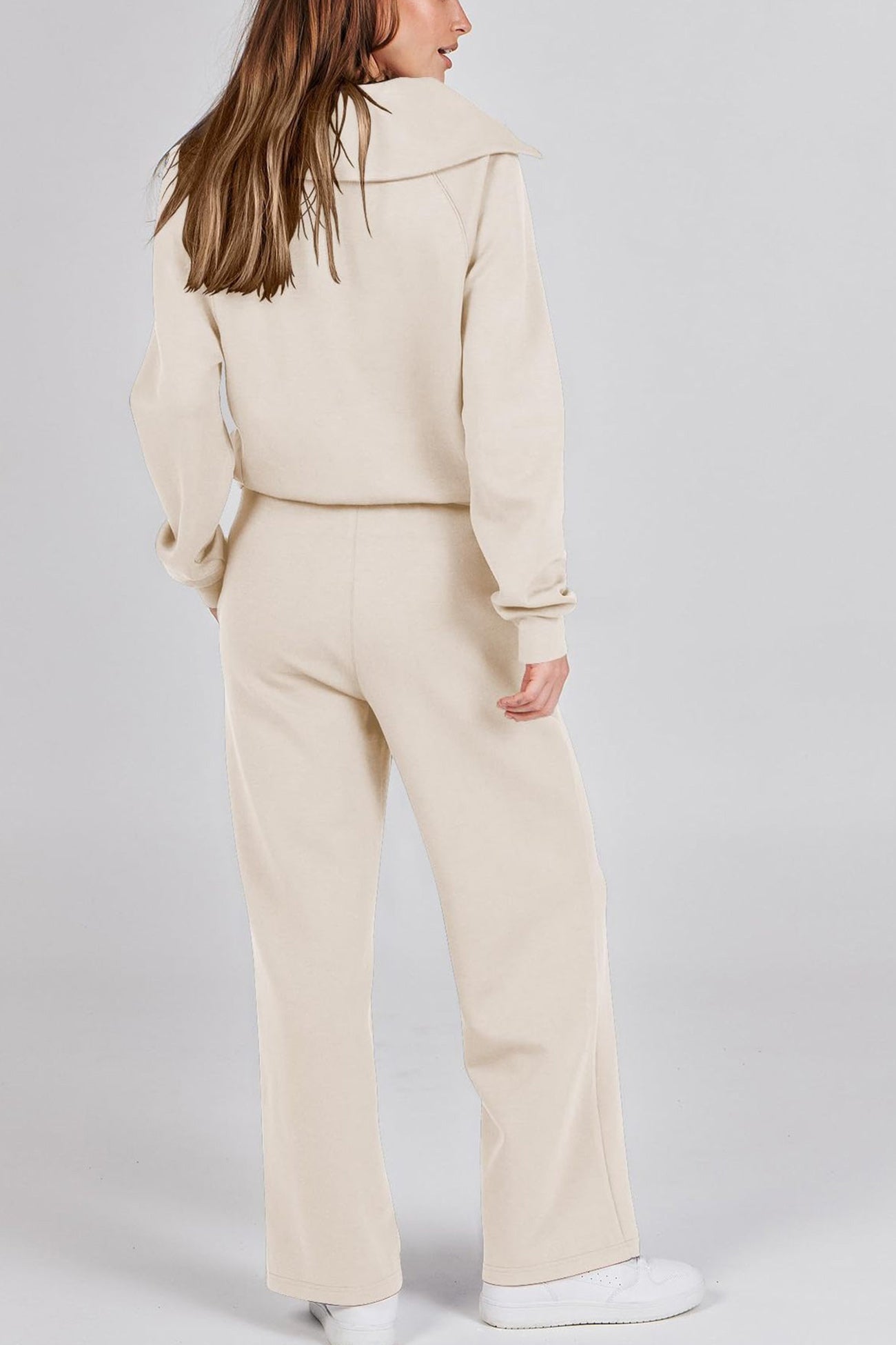 WW | Langes Hosen-Set mit weitem Bein und Revers-Reißverschluss-Sweatshirt