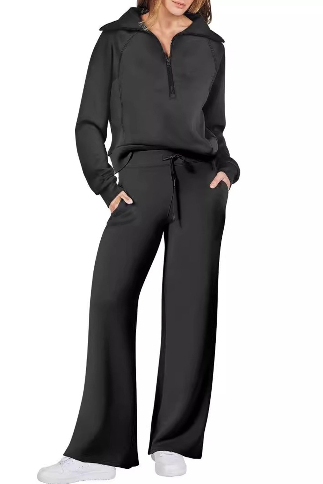 WW | Langes Hosen-Set mit weitem Bein und Revers-Reißverschluss-Sweatshirt