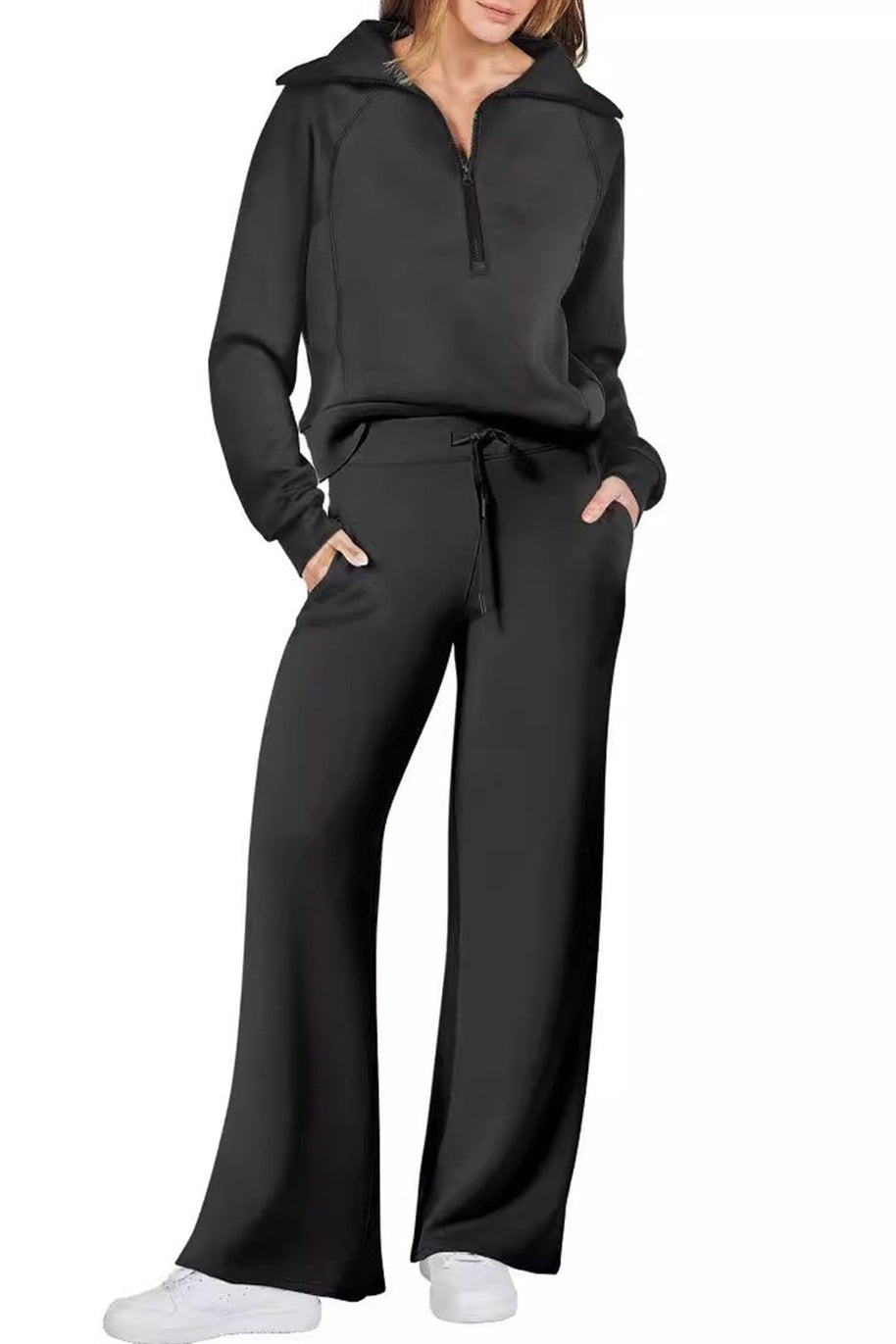 WW | Langes Hosen-Set mit weitem Bein und Revers-Reißverschluss-Sweatshirt
