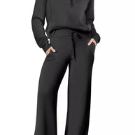 WW | Langes Hosen-Set mit weitem Bein und Revers-Reißverschluss-Sweatshirt