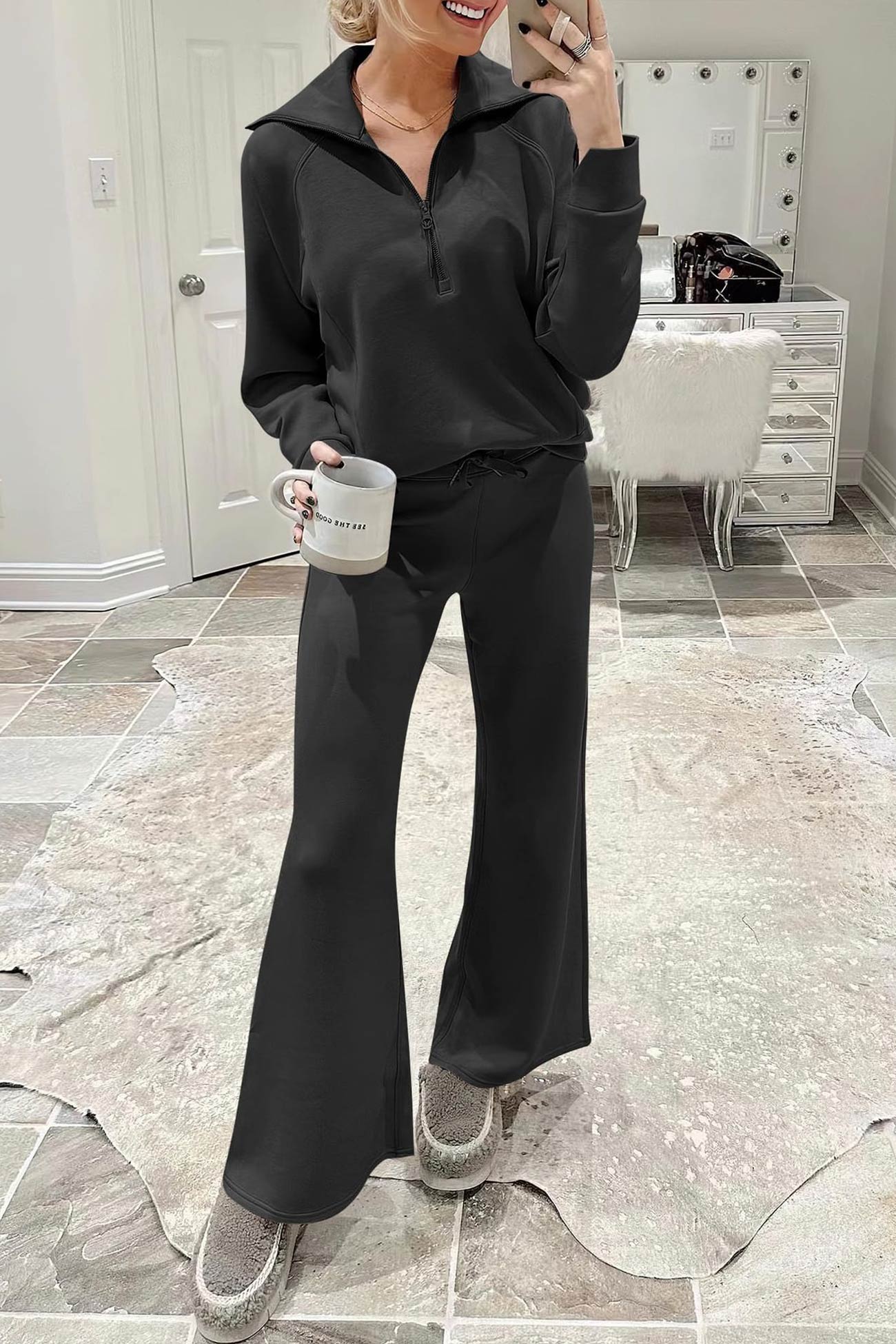 WW | Langes Hosen-Set mit weitem Bein und Revers-Reißverschluss-Sweatshirt