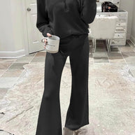 WW | Langes Hosen-Set mit weitem Bein und Revers-Reißverschluss-Sweatshirt