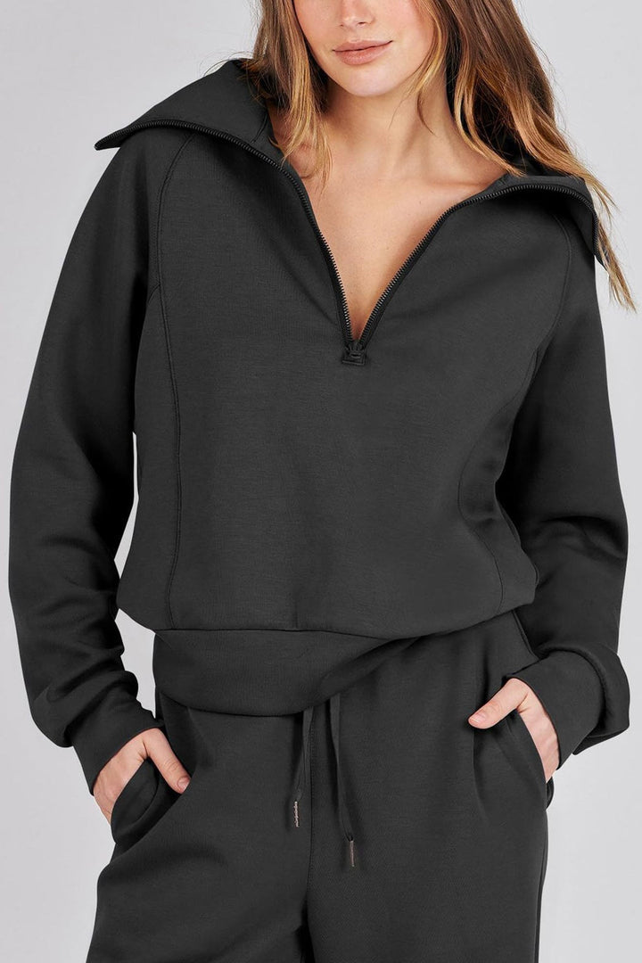 W&W Mode | Langes Hosen-Set mit weitem Bein und Revers-Reißverschluss-Sweatshirt