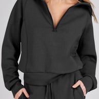 WW | Langes Hosen-Set mit weitem Bein und Revers-Reißverschluss-Sweatshirt