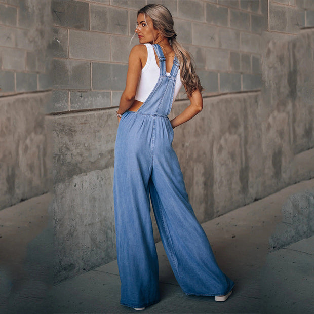 WW | mit weitem Bein ärmellos lockere Passform Denim Overall Jumpsuit für Frauen
