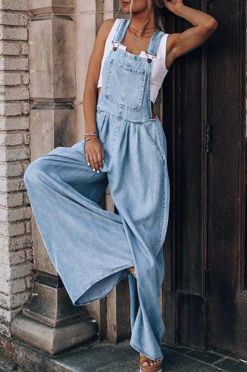 WW | mit weitem Bein ärmellos lockere Passform Denim Overall Jumpsuit für Frauen