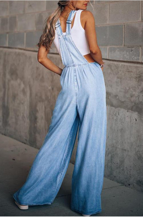 WW | mit weitem Bein ärmellos lockere Passform Denim Overall Jumpsuit für Frauen
