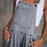 WW | mit weitem Bein ärmellos lockere Passform Denim Overall Jumpsuit für Frauen