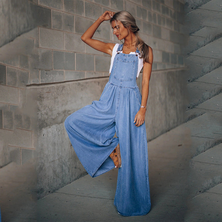 W&W Mode | mit weitem Bein ärmellos lockere Passform Denim Overall Jumpsuit für Frauen