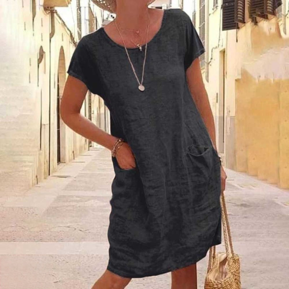 WW | Lässiges Leinenkleid mit Kurzen Ärmeln für Damen