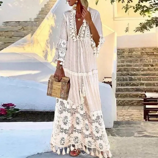 WW | Langes Boho-Kleid Mit Spitze Und Quasten