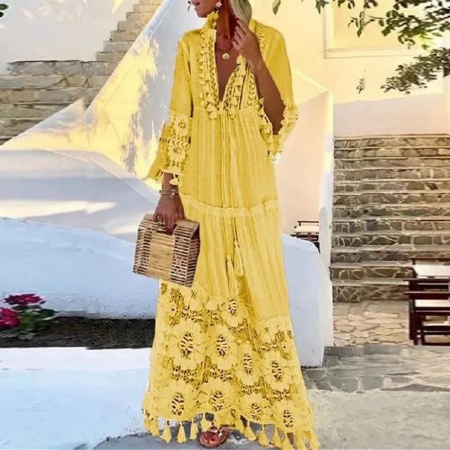 WW | Langes Boho-Kleid Mit Spitze Und Quasten