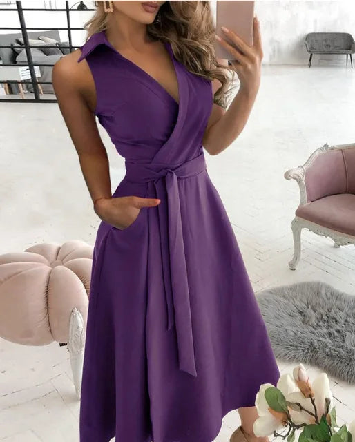 WW | Wickelkleid Ärmelloses Kragenloses Design Vorteilhaftes Taillenband Knielang