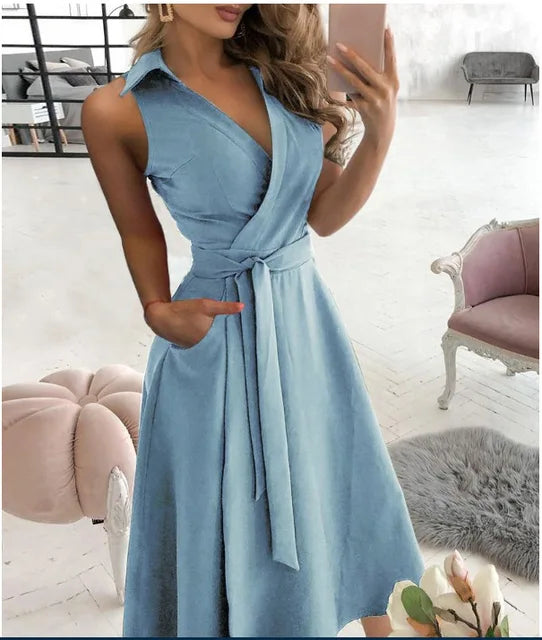 WW | Wickelkleid Ärmelloses Kragenloses Design Vorteilhaftes Taillenband Knielang