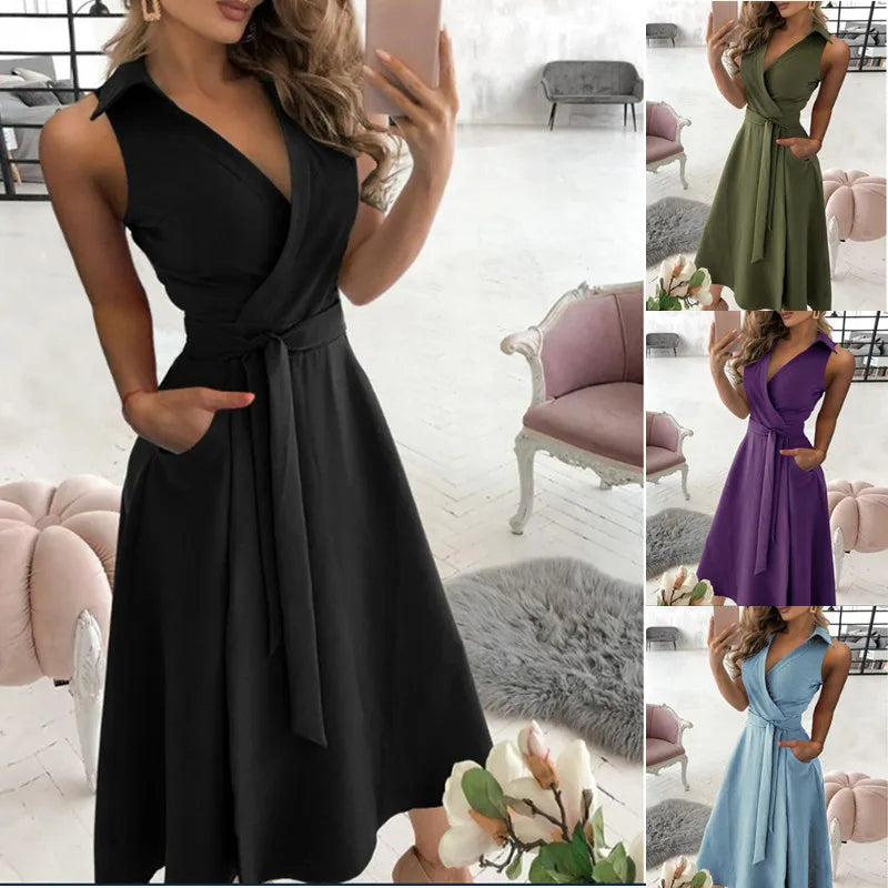 WW | Wickelkleid Ärmelloses Kragenloses Design Vorteilhaftes Taillenband Knielang