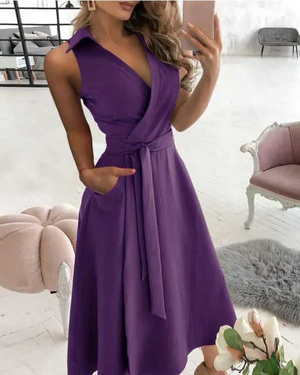 WW | Wickelkleid Ärmelloses Kragenloses Design Vorteilhaftes Taillenband Knielang