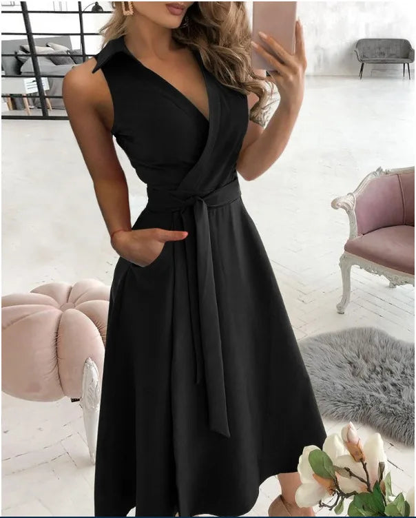 WW | Wickelkleid Ärmelloses Kragenloses Design Vorteilhaftes Taillenband Knielang