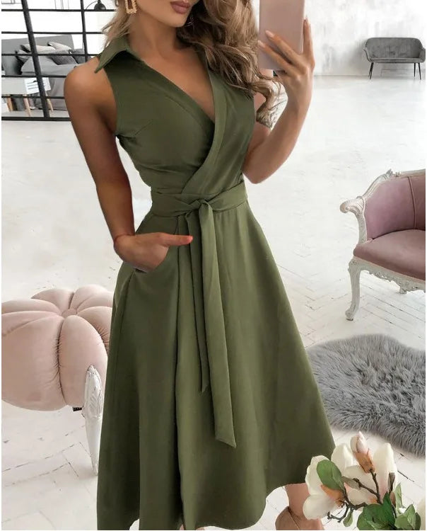 WW | Wickelkleid Ärmelloses Kragenloses Design Vorteilhaftes Taillenband Knielang