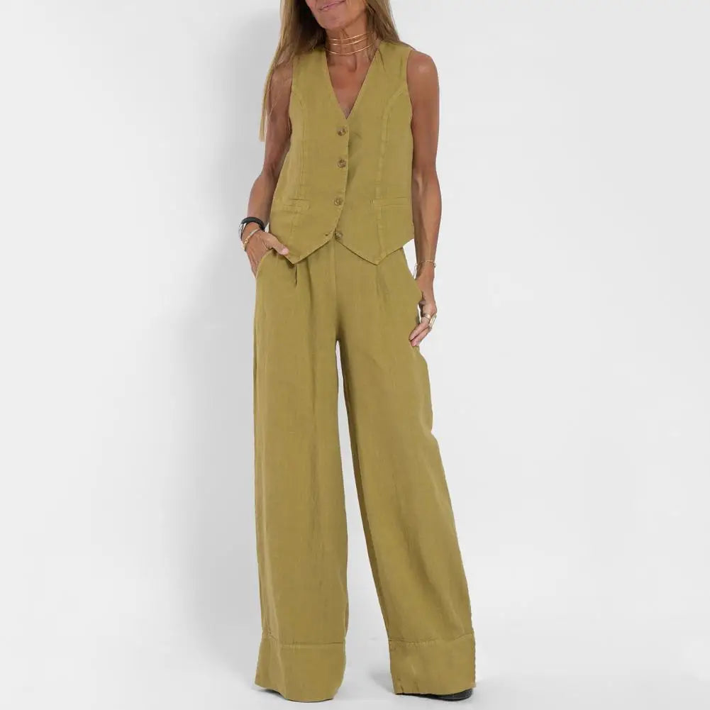 WW | Ärmellose Leinenjacke und weite Hose für Damen