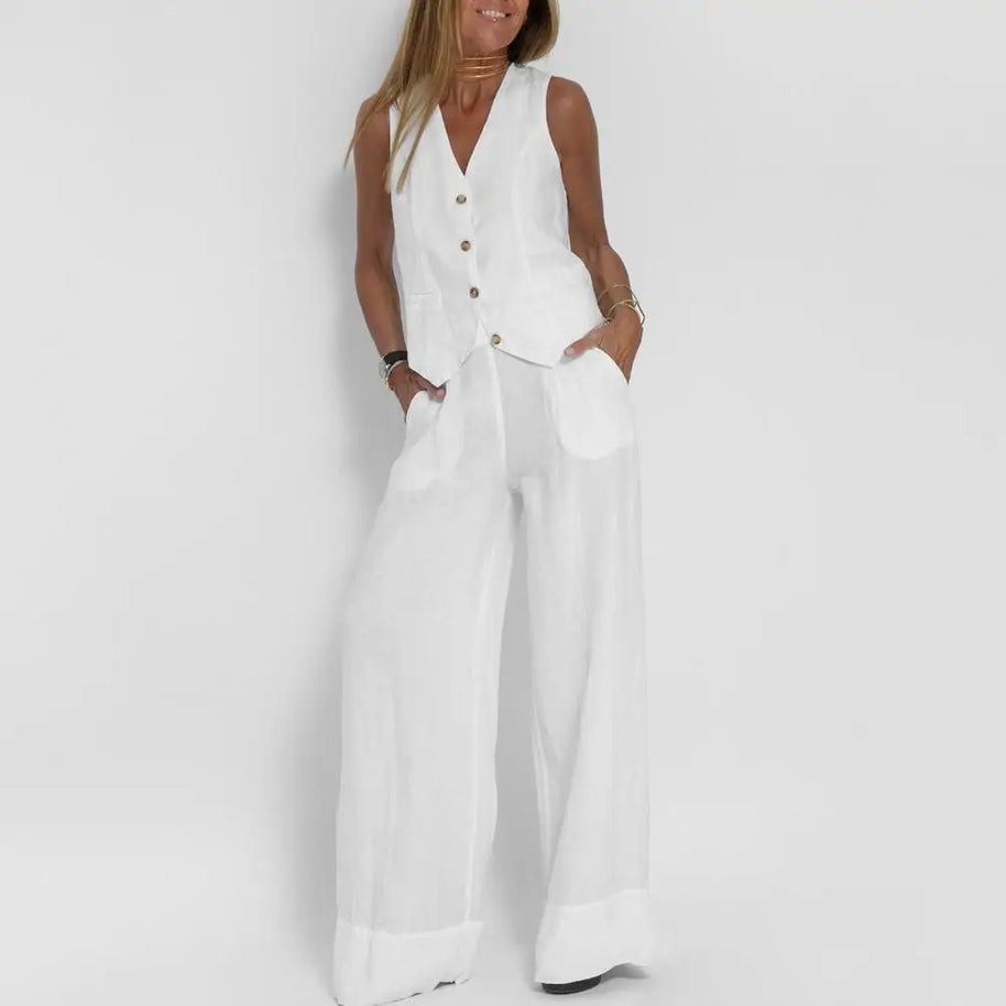 WW | Ärmellose Leinenjacke und weite Hose für Damen