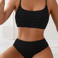 WW | Hoch Taille Bikini Satz Mit Textur Und Spaghettiträgern Trendy & Bequeme Strandlook