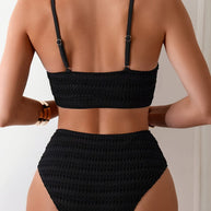 WW | Hoch Taille Bikini Satz Mit Textur Und Spaghettiträgern Trendy & Bequeme Strandlook