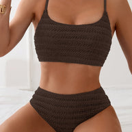 WW | Hoch Taille Bikini Satz Mit Textur Und Spaghettiträgern Trendy & Bequeme Strandlook