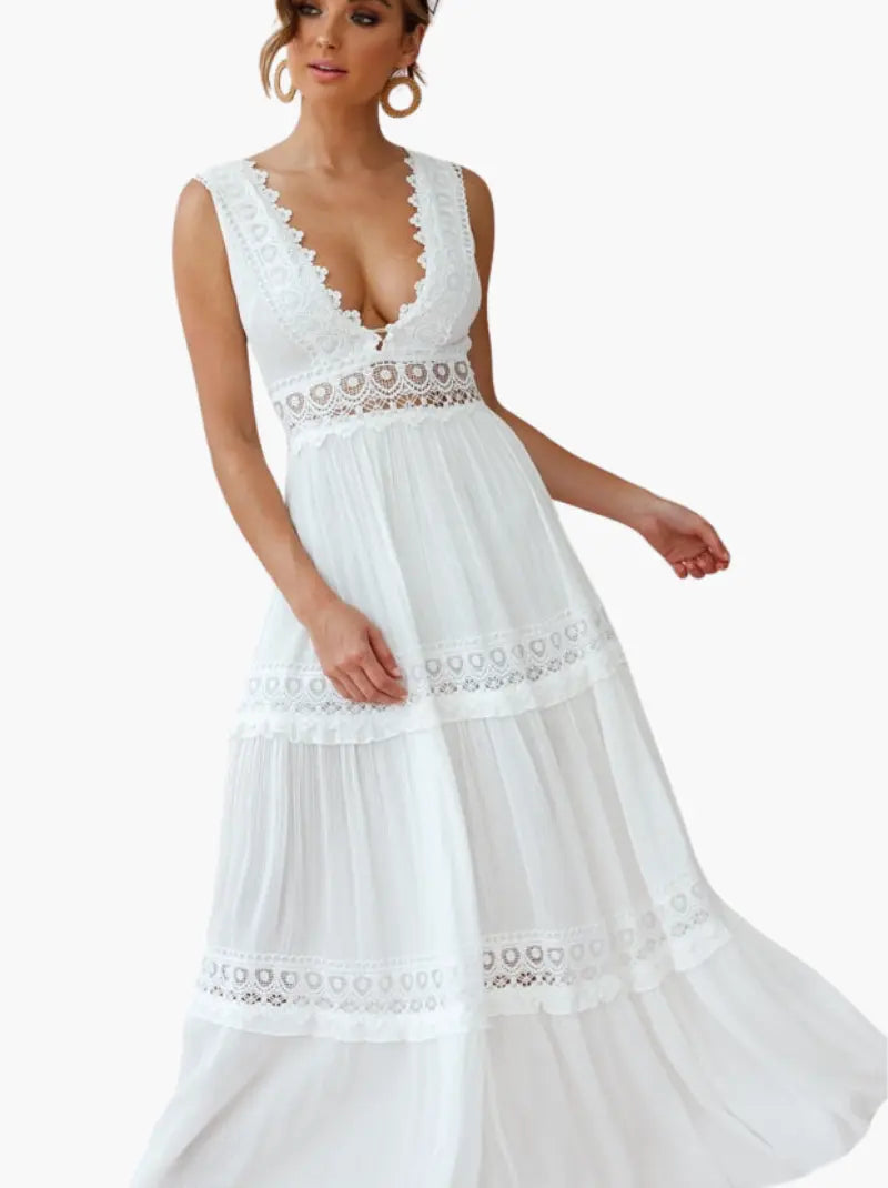 WW | Weißes Boho Maxikleid Mit Häkeleinsätzen & Tiefem V-Ausschnitt
