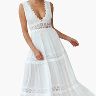 WW | Weißes Boho Maxikleid Mit Häkeleinsätzen & Tiefem V-Ausschnitt