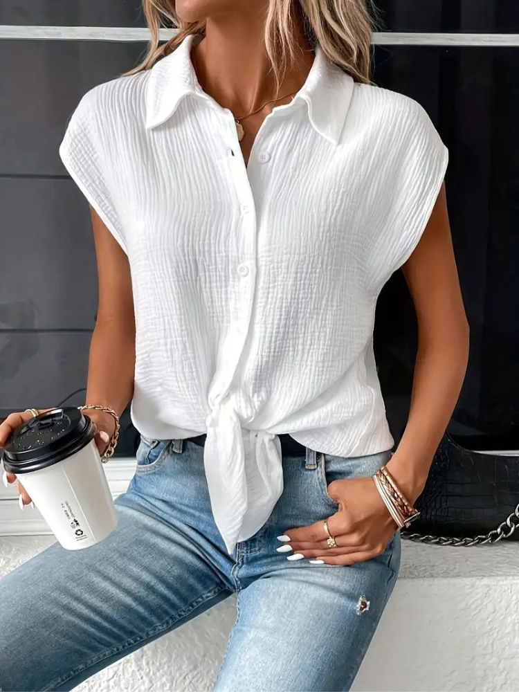 WW | Leinen Top Damen ärmellose Krawattenbluse