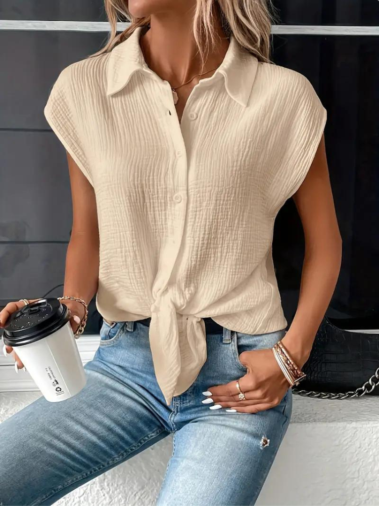 WW | Leinen Top Damen ärmellose Krawattenbluse