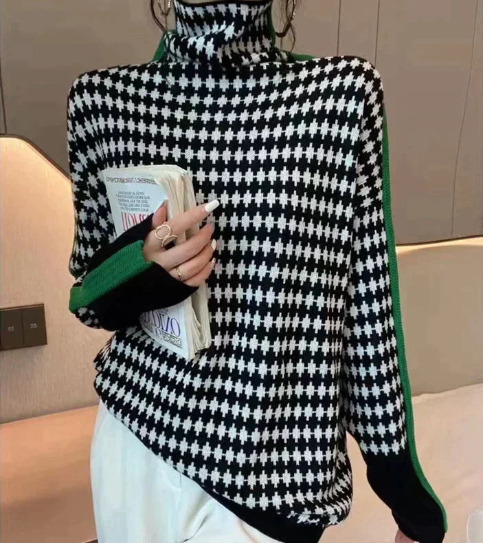 WW | Eleganter Pullover Mit Schwarz-Weißer Karierter Muster
