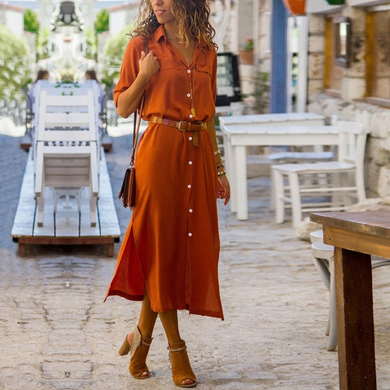 W&W Mode – Elegantes Button-Down-Hemdkleid für Damen | Langärmliges Hemdblusenkleid im Bohemian-Stil mit Gürtel