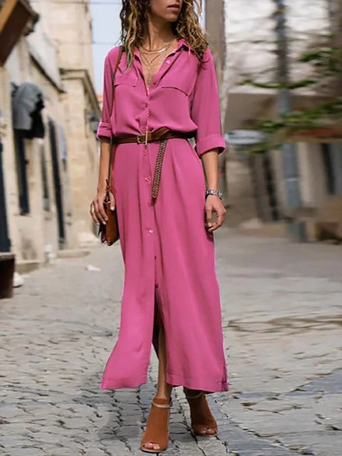 W&W Mode – Elegantes Button-Down-Hemdkleid für Damen | Langärmliges Hemdblusenkleid im Bohemian-Stil mit Gürtel