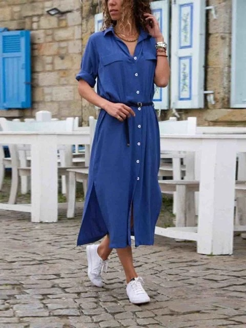 W&W Mode – Elegantes Button-Down-Hemdkleid für Damen | Langärmliges Hemdblusenkleid im Bohemian-Stil mit Gürtel