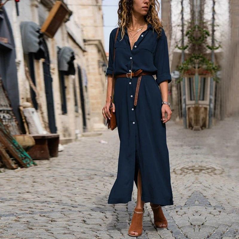 WW – Elegantes Button-Down-Hemdkleid für Damen | Langärmliges Hemdblusenkleid im Bohemian-Stil mit Gürtel
