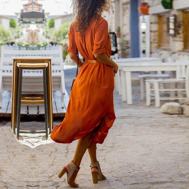W&W Mode – Elegantes Button-Down-Hemdkleid für Damen | Langärmliges Hemdblusenkleid im Bohemian-Stil mit Gürtel