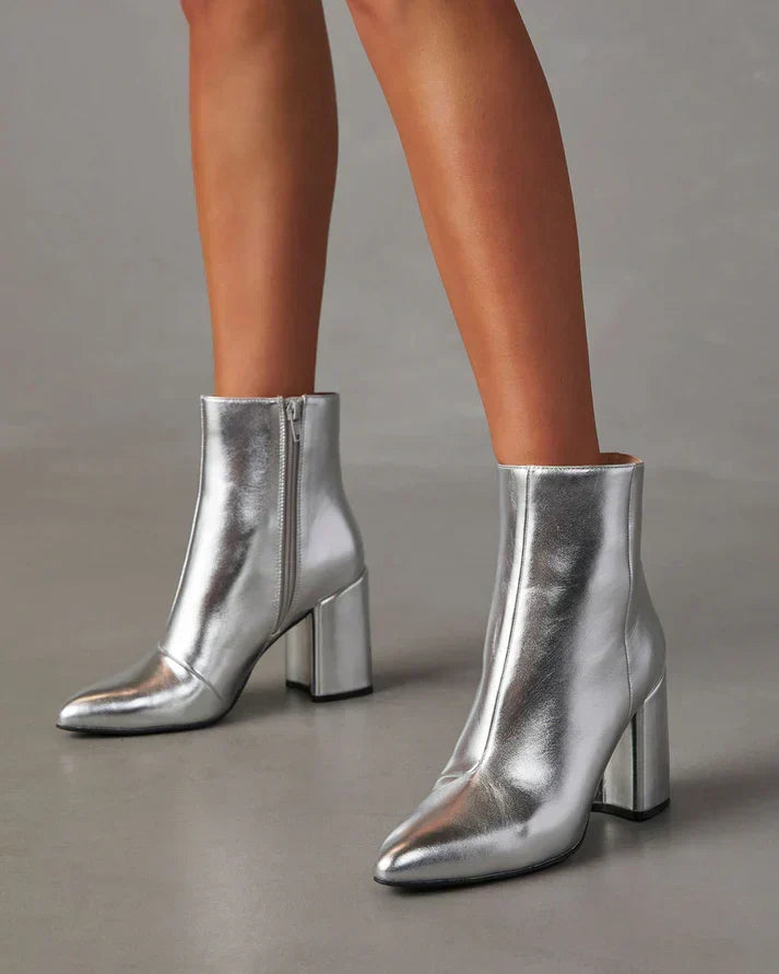 W&W Mode | silber metallischen Absatz Stiefelette mit Blockabsatz für einen mutigen und trendigen Look