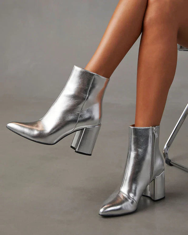 WW | silber metallischen Absatz Stiefelette mit Blockabsatz für einen mutigen und trendigen Look