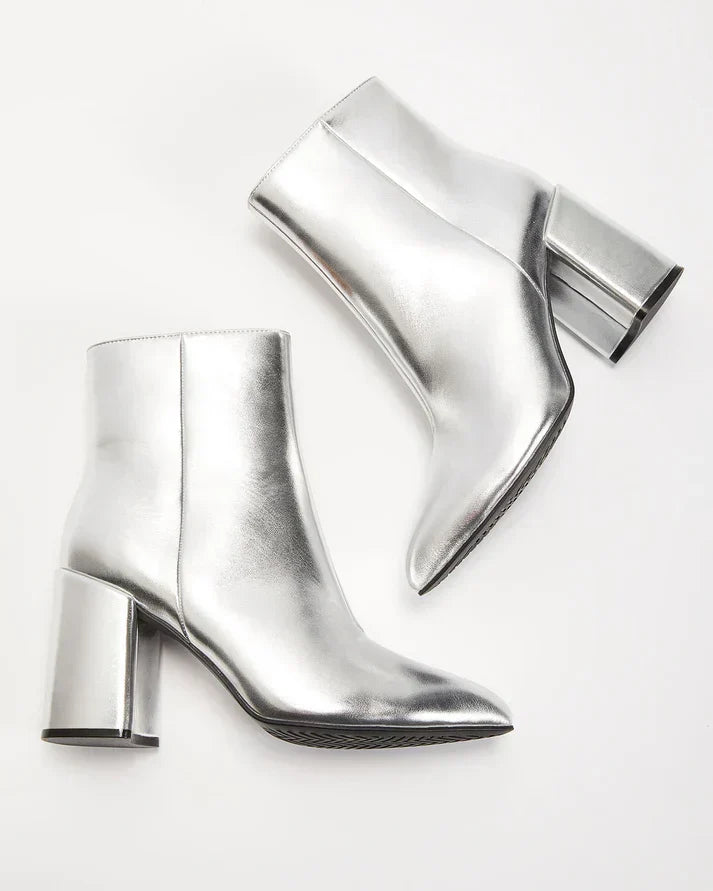 W&W Mode | silber metallischen Absatz Stiefelette mit Blockabsatz für einen mutigen und trendigen Look