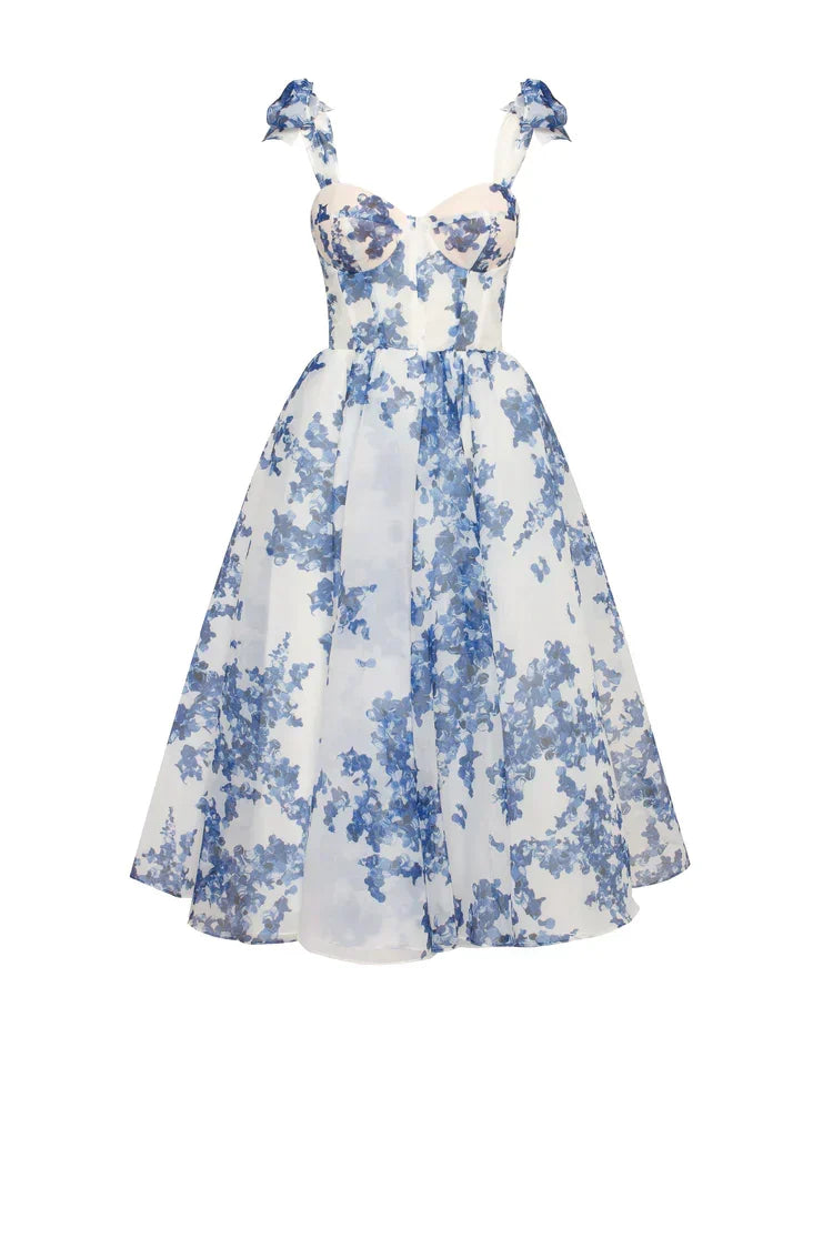 W&W Mode | blaues Organza Midi Kleid mit Hortensienmuster