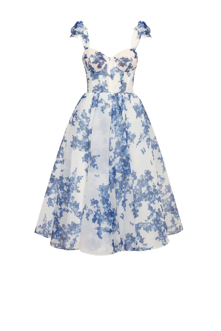 WW | blaues Organza Midi Kleid mit Hortensienmuster