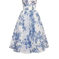 WW | blaues Organza Midi Kleid mit Hortensienmuster