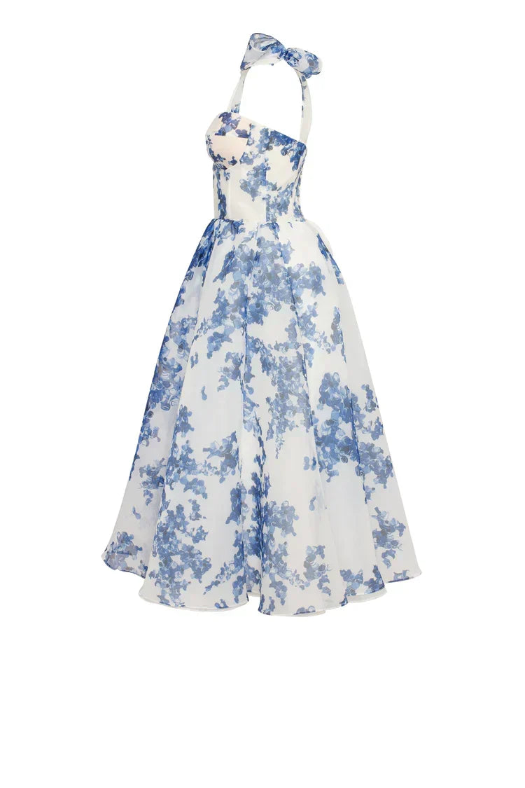 W&W Mode | blaues Organza Midi Kleid mit Hortensienmuster