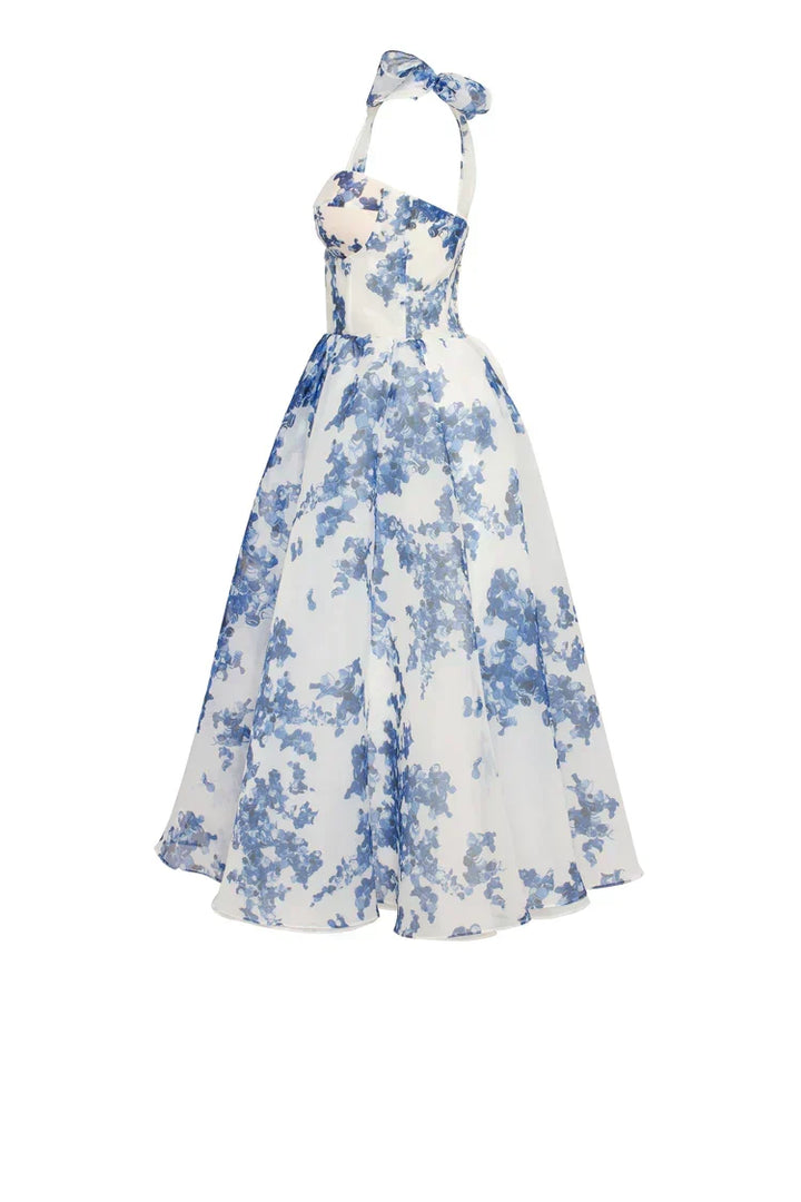 W&W Mode | blaues Organza Midi Kleid mit Hortensienmuster